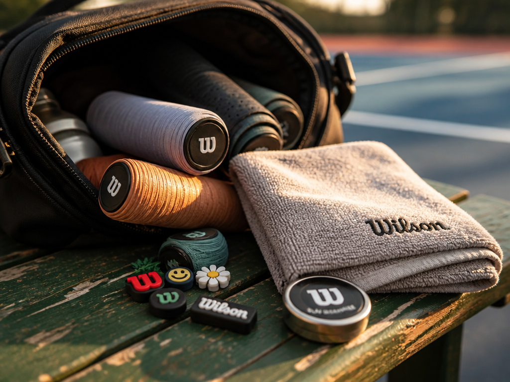 A close-up still-life of an open tennis bag on a worn hard-court bench, spilling…