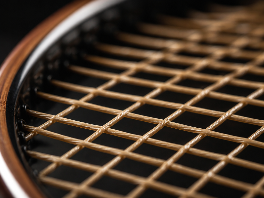 Extreme macro photograph of natural gut tennis strings stretched taut across a racquet head…