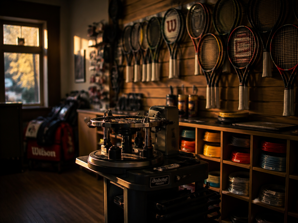 A wide environmental shot inside a dimly lit tennis pro shop in the late…