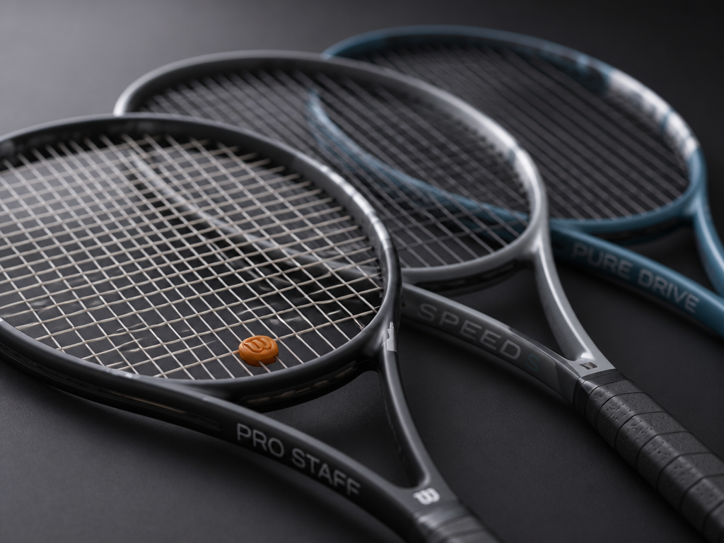 A close-up product photograph of three modern tennis racquets arranged in a fanned-out composition…