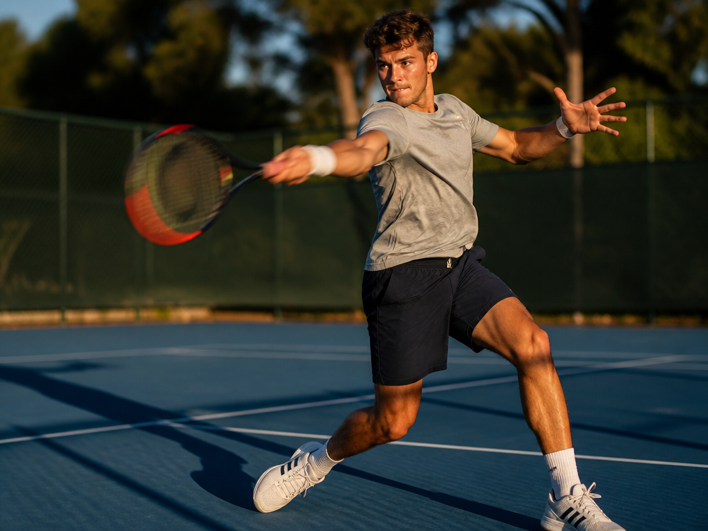 A photorealistic action shot of a recreational tennis player mid-swing on an outdoor hard…
