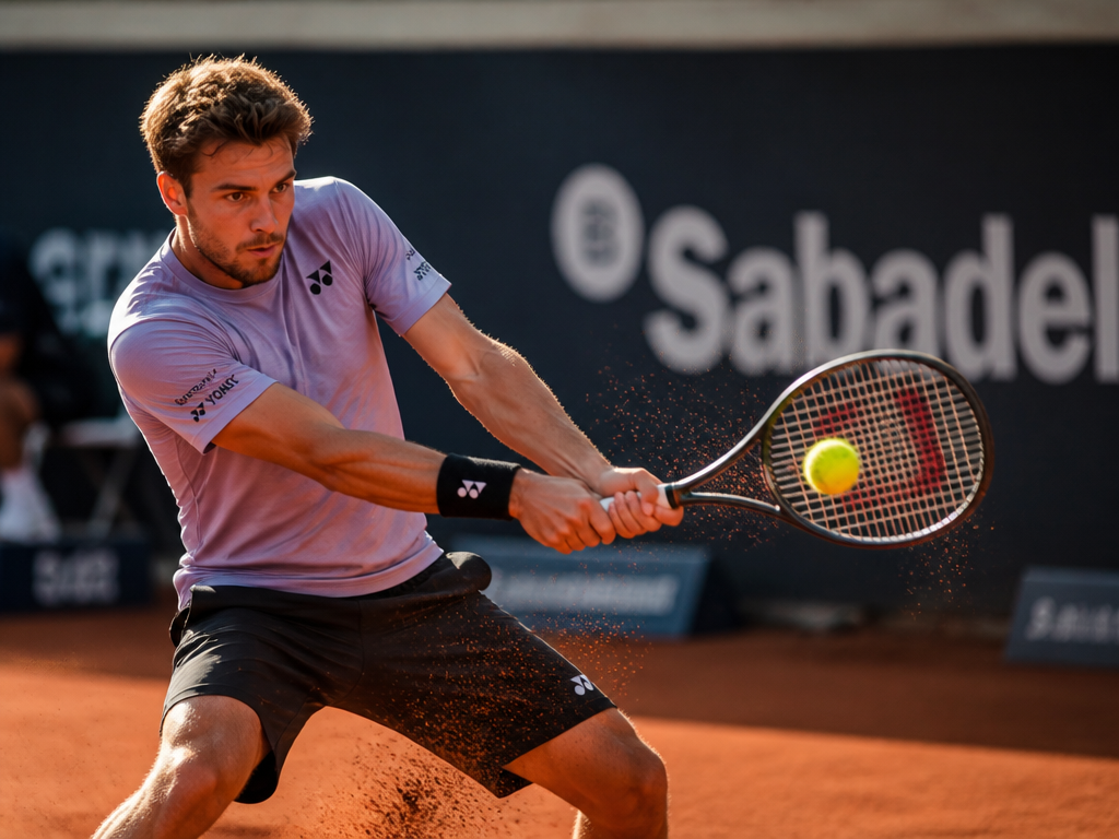 A close-up, ground-level action shot of a tennis player mid-swing at the baseline of…