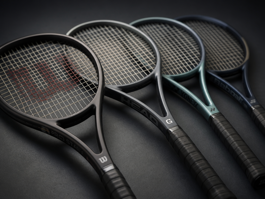 A clean, editorial still-life of four tennis racquets laid out in a neat fan…