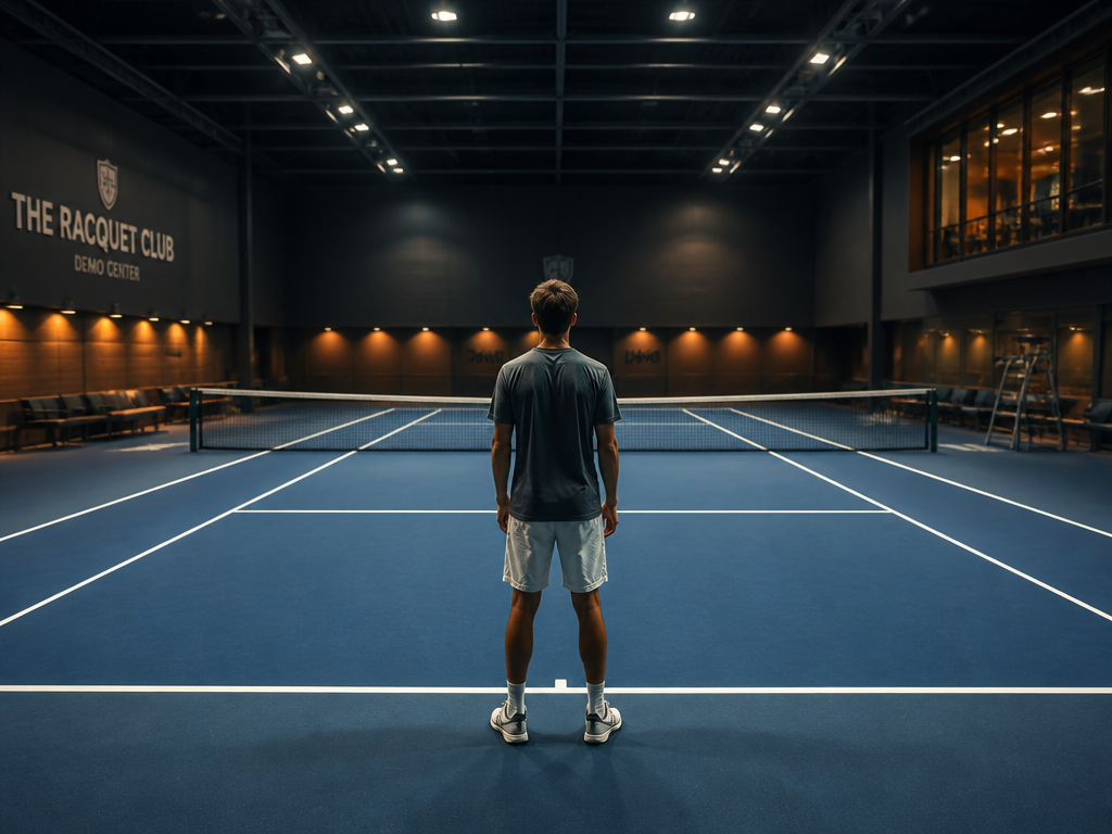 An atmospheric wide shot inside an indoor tennis demo facility, a lone player standing…