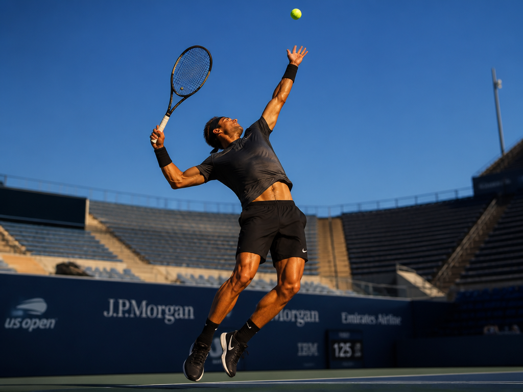 A low-angle action photograph of a male tennis player at the peak of his…