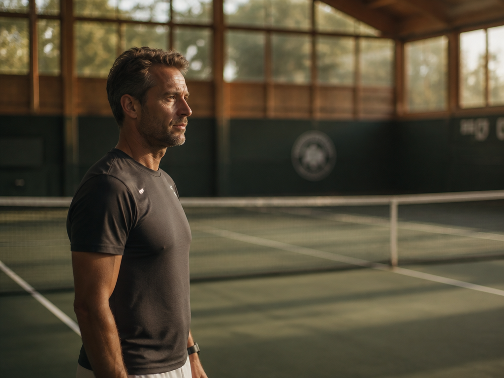 A photorealistic wide shot inside a sunlit indoor tennis club, captured during the golden…