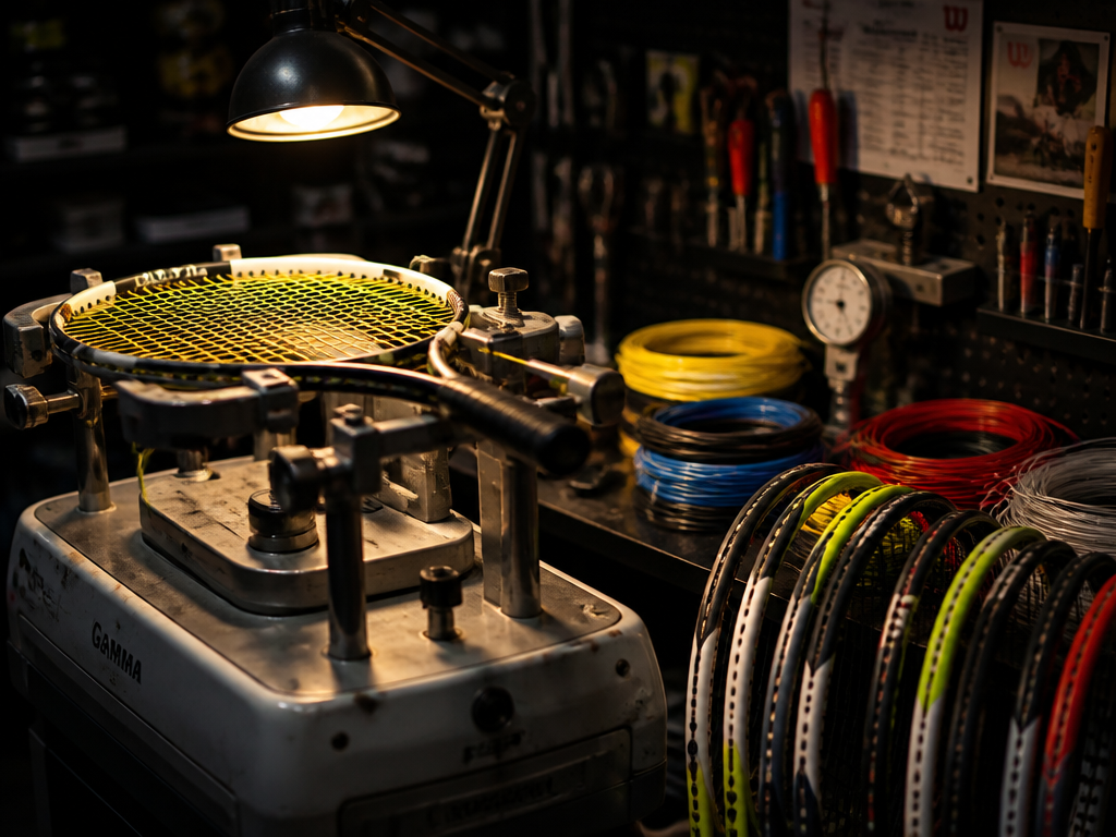 A photorealistic close-up of a tennis racquet technician's workbench in a dimly lit back…