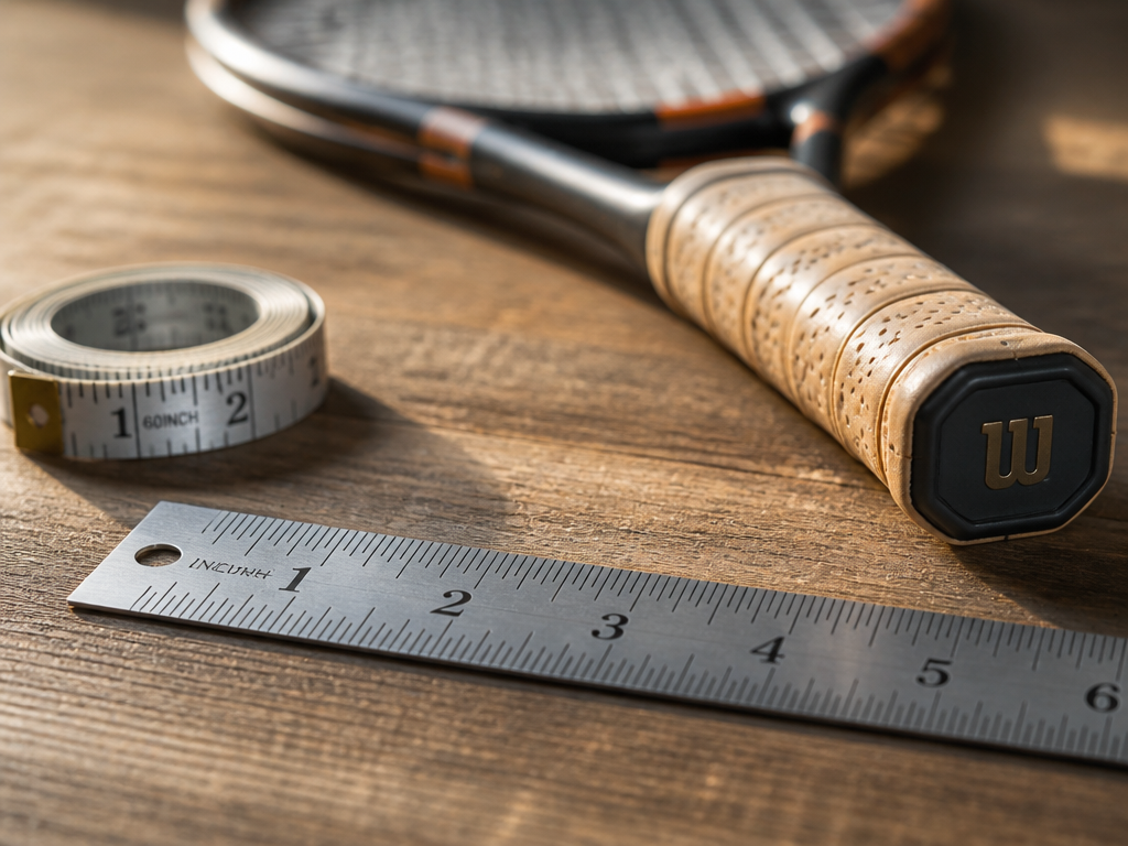 Overhead macro shot of a measuring station on a clean wooden workbench, featuring a…