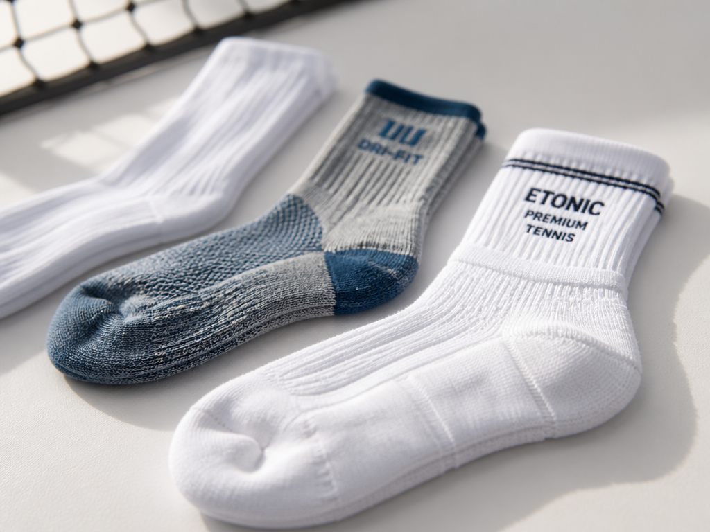 A close-up macro photograph of three pairs of socks arranged in a neat row…