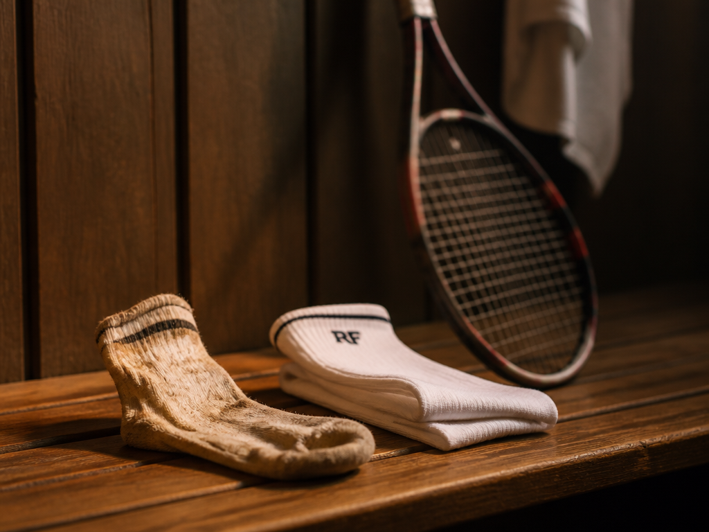 A quiet still-life photograph on a wooden locker-room bench, a worn cotton sock beside…