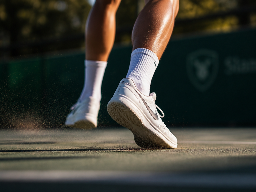 An athletic action photograph of a tennis player's lower legs and feet mid-stride on…