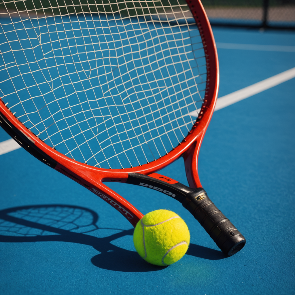 Close-up product photograph of a modern matte-red tennis racquet with a 16x19 string pattern…