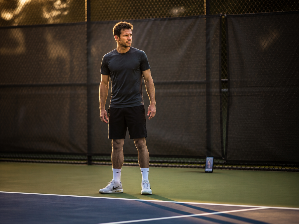 A lone amateur tennis player standing mid-court on a sunlit hard court, captured in…