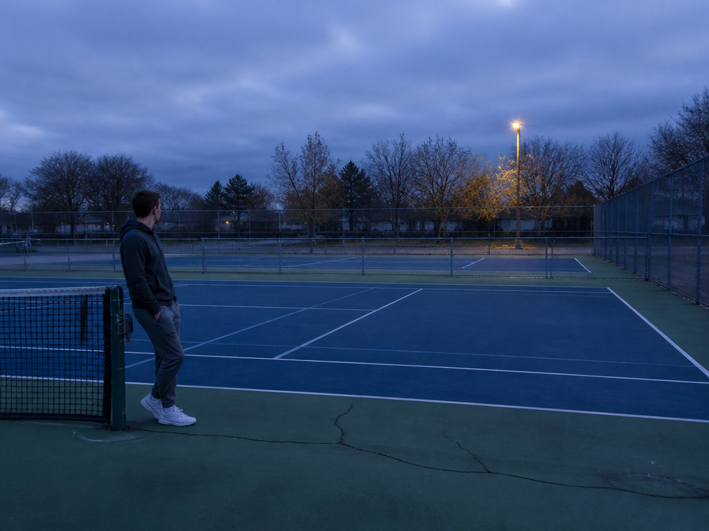 A single empty suburban municipal tennis court at quiet weekday dusk, chain-link fencing surrounding…