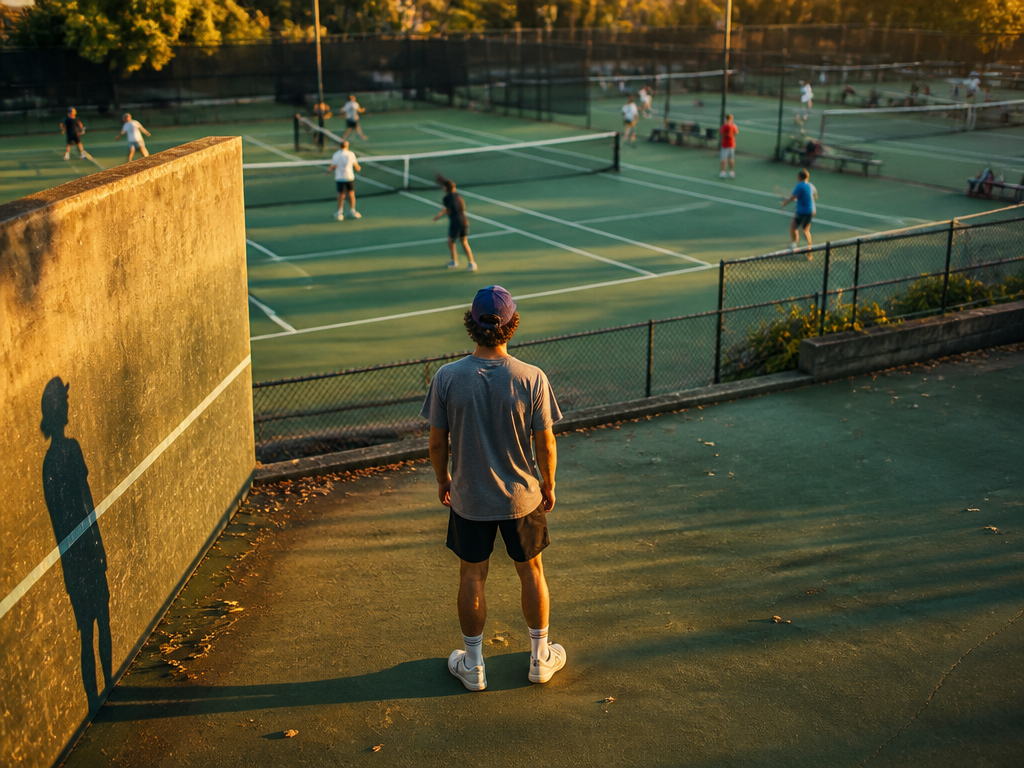 A busy public tennis court cluster at golden hour, four green hard courts viewed…