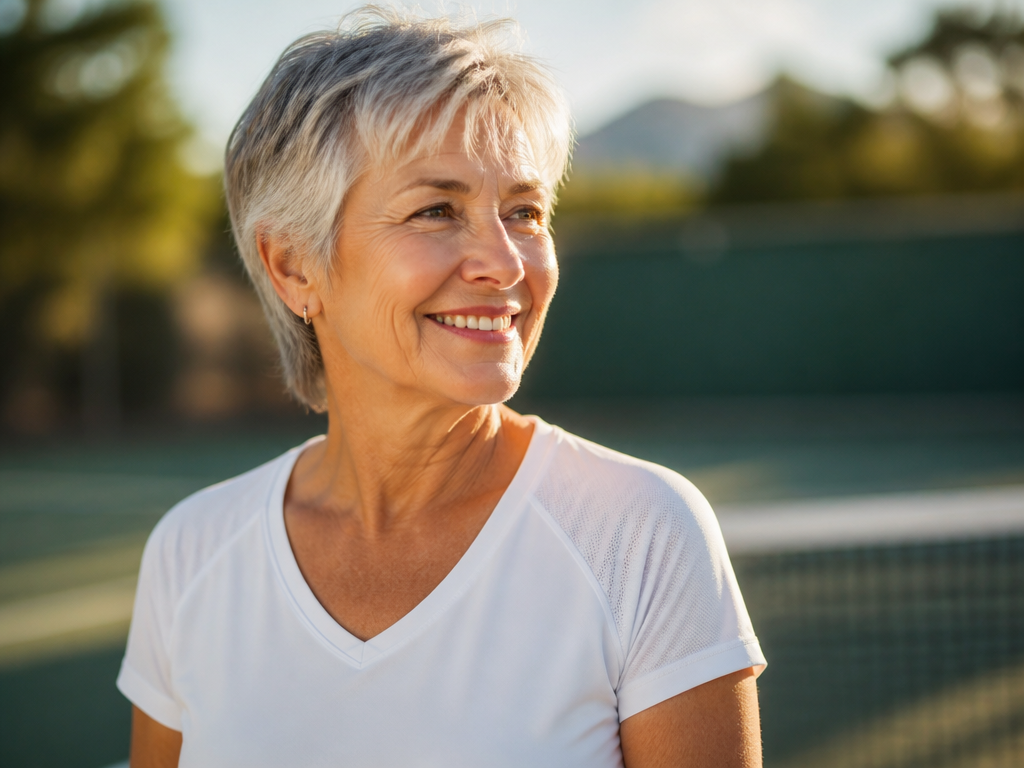 A photorealistic close-up portrait of a relaxed silver-haired adult in their sixties standing on…