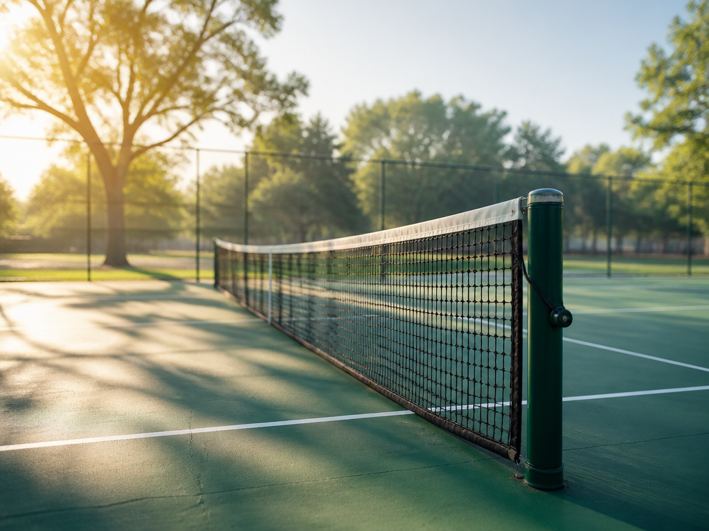 A photorealistic image of an inviting public tennis court on a bright weekday morning…