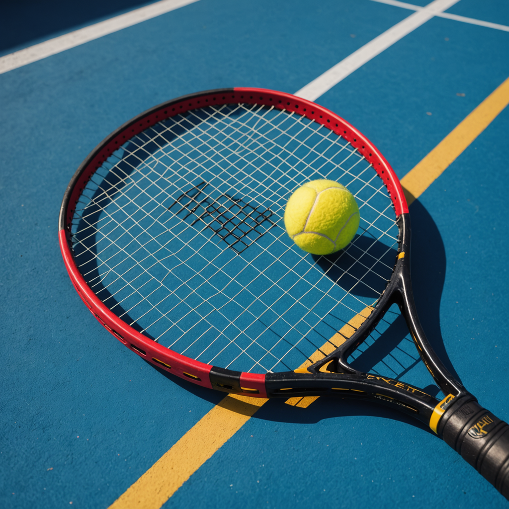 Close-up product photograph of a modern black and red tennis racquet with a 95-square-inch…