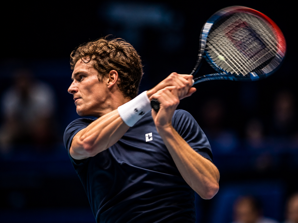 A dynamic side-profile photograph of a right-handed tennis player completing a steep upward forehand…