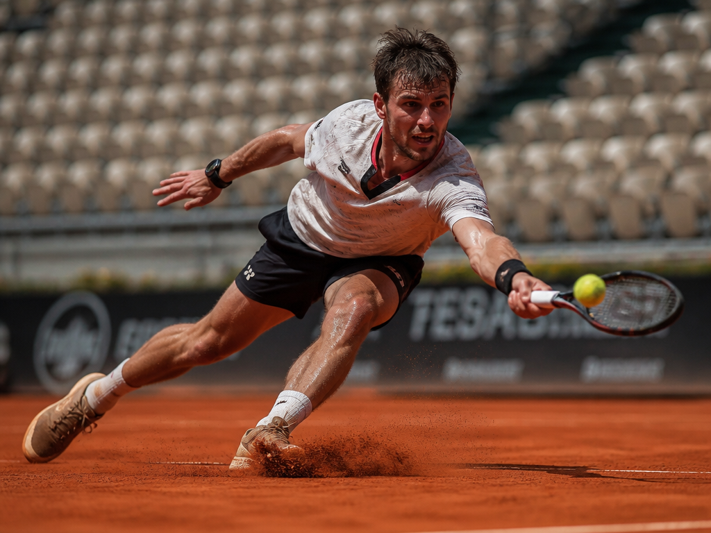 A close-up action photograph of a tennis player lunging late for a wide ball…