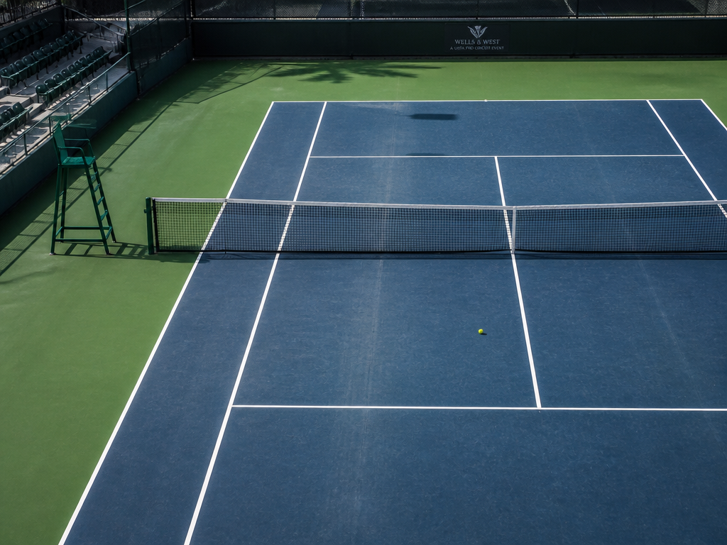 An overhead wide composition of an empty professional tennis court shot from an elevated…