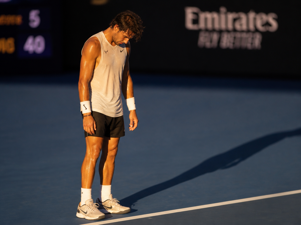A lone tennis player photographed mid-match on an outdoor hard court during the late…