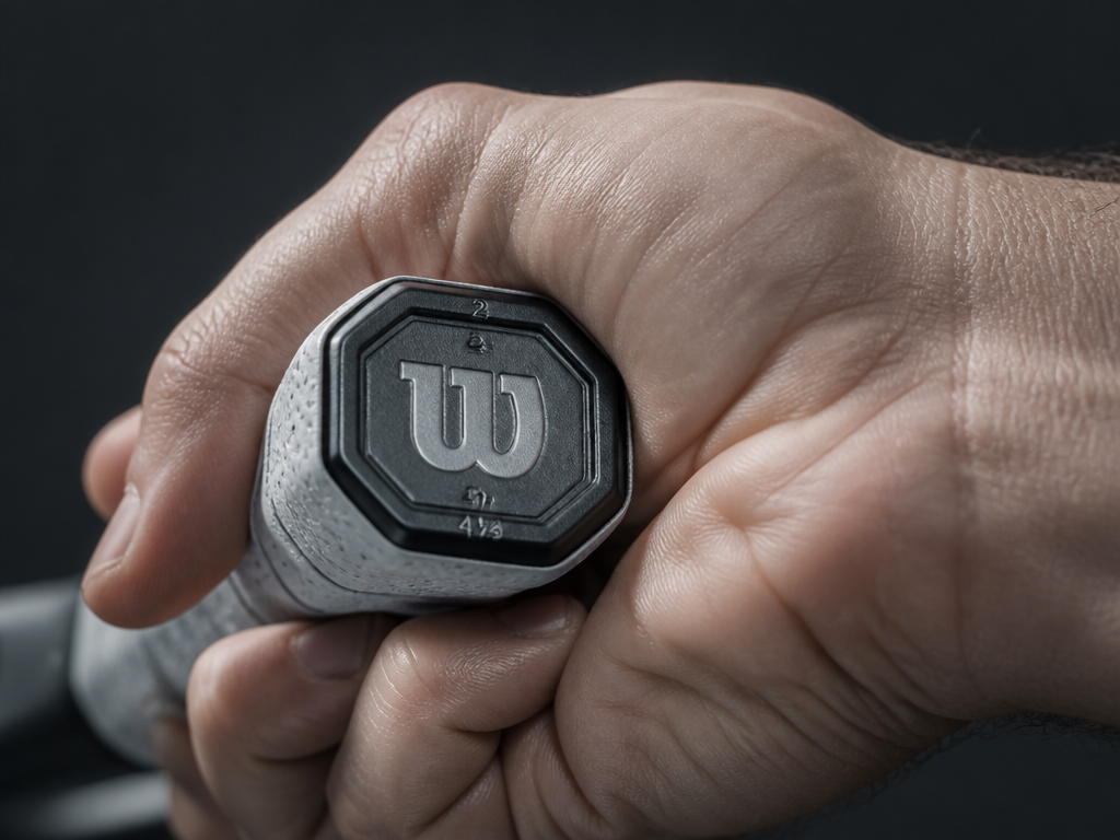 Extreme close-up of a right-hander's hand wrapped around an octagonal tennis racquet handle in…