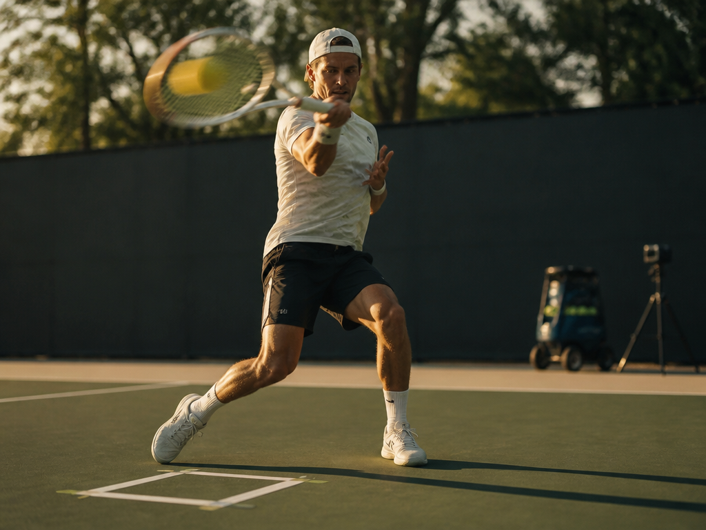 A lone tennis player mid-swing on an empty hardcourt executing an extreme low-to-high forehand…