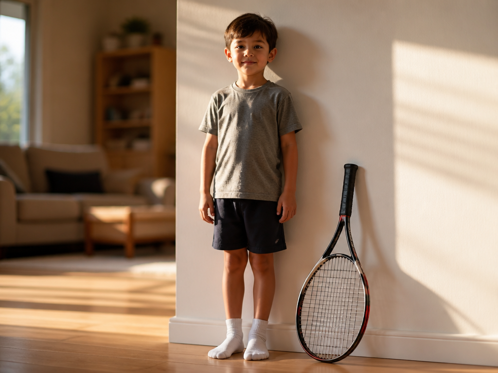 A young child stands against a clean white living-room wall in socks, heels flat…