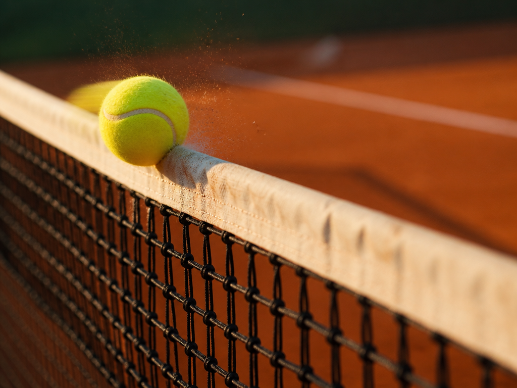 A close-up, high-speed photograph of a yellow tennis ball grazing the white top band…