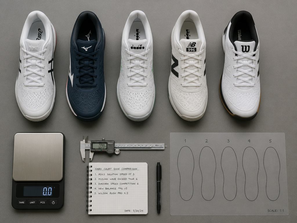 Overhead flat-lay photograph on a neutral matte gray surface of five different hard court…