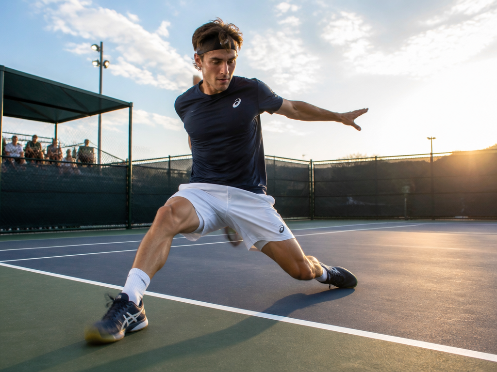 Wide dynamic action photograph of a competitive recreational tennis player mid-lunge in an open-stance…