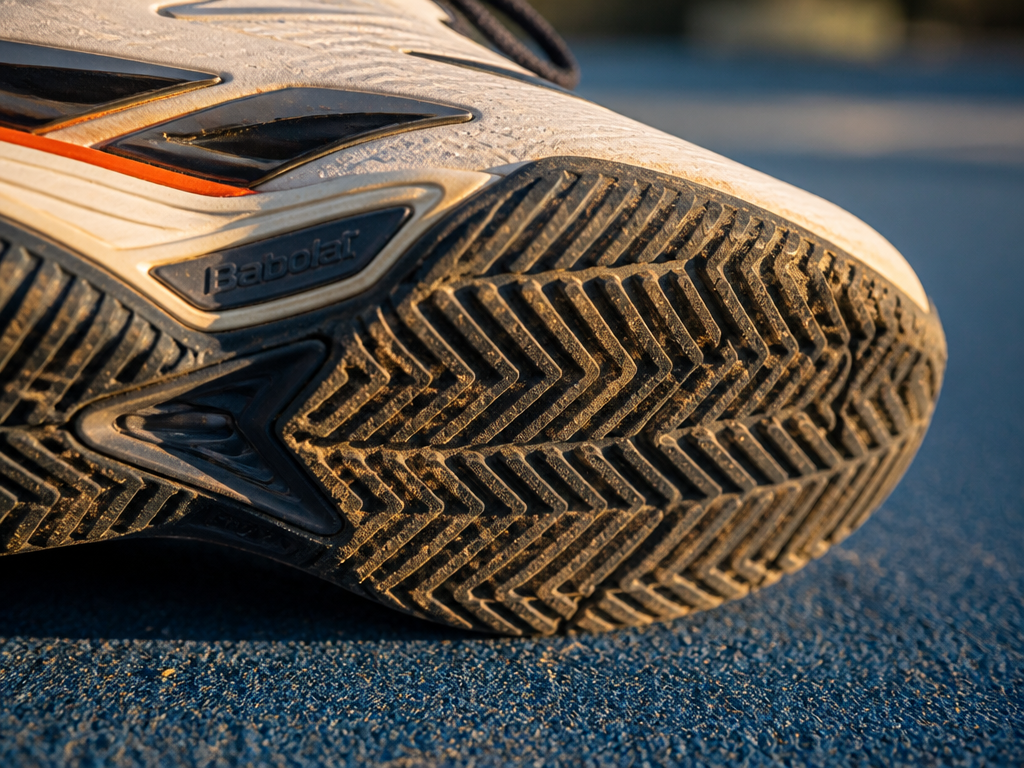 Close-up macro photograph of a worn hard court tennis shoe outsole resting on the…