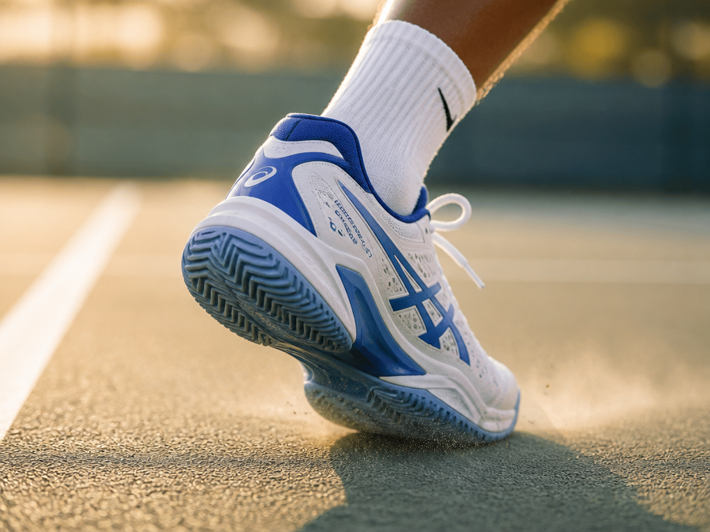 Low-angle close-up of a single white-and-blue tennis shoe planted firmly on the textured surface…