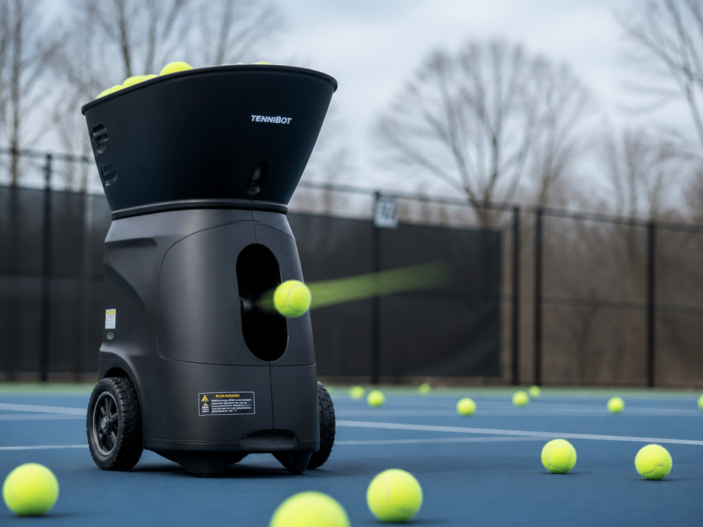 A photorealistic image of a battery-powered tennis ball machine positioned at the baseline of…