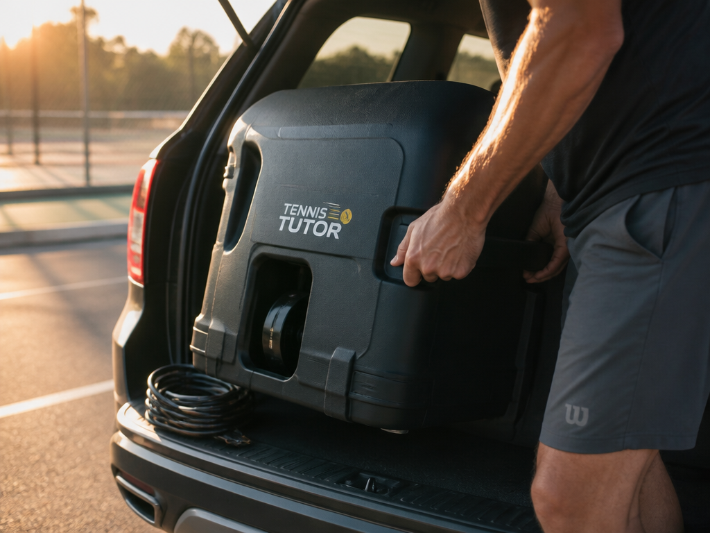 A photorealistic close-up of an open car hatchback trunk with a heavy tennis ball…