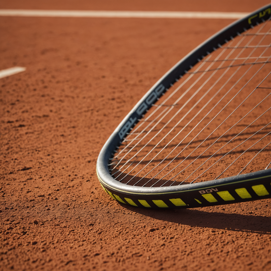 Extreme close-up macro photograph of a modern tennis racquet head resting on red clay…