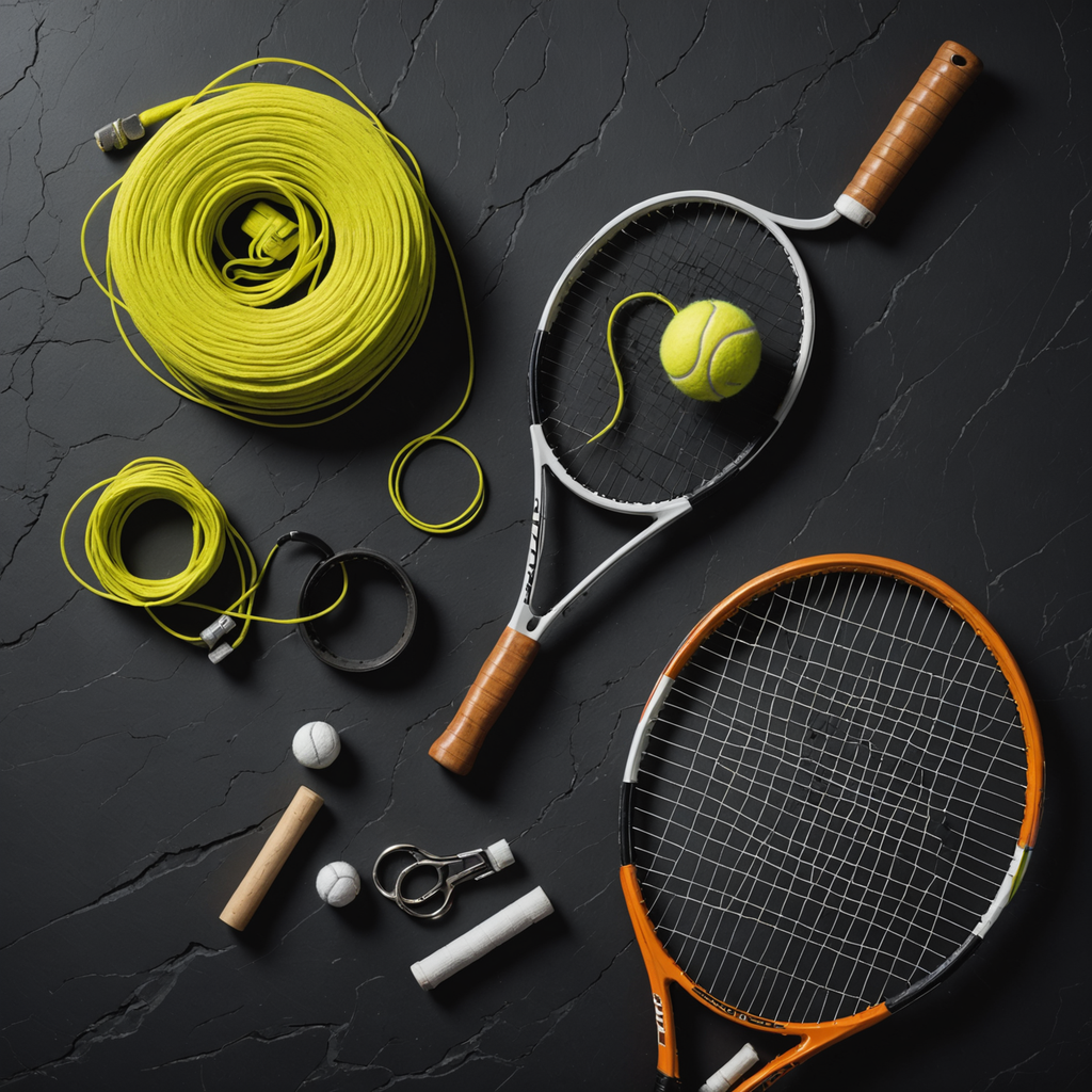 Photorealistic overhead flat-lay photograph on a dark slate surface of tennis equipment arranged like…