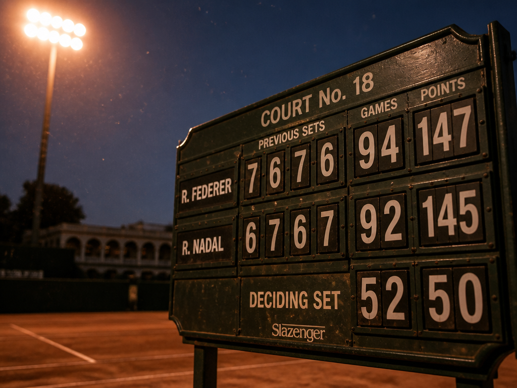 A dramatic low-angle photograph of a vintage manual tennis scoreboard at twilight, its rows…