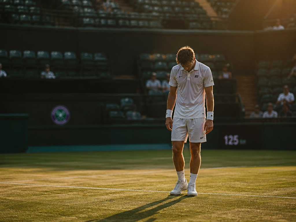 A wide, atmospheric photograph of an exhausted male tennis player standing alone on a…