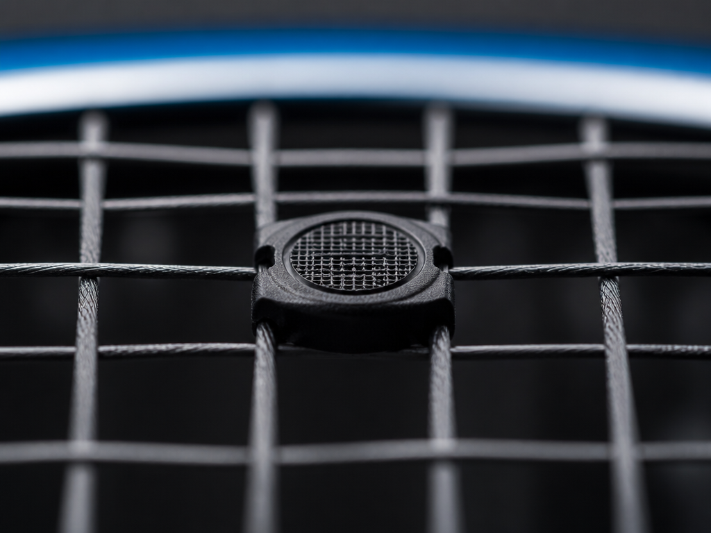 Extreme macro photograph of a black button-style vibration dampener seated between the two center…