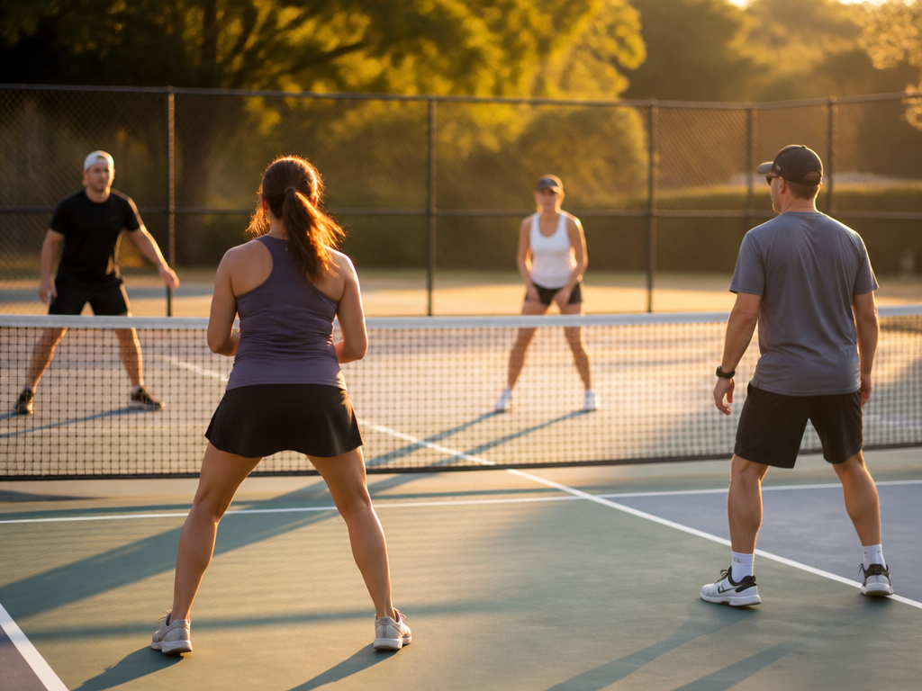 A wide, warm late-afternoon photograph of a community tennis club, capturing a standing doubles…