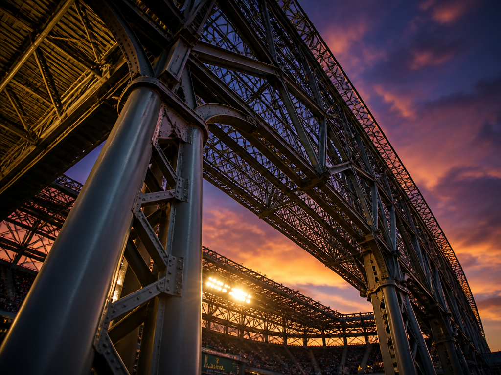 A dramatic low-angle photograph looking straight up at the massive steel support columns and…
