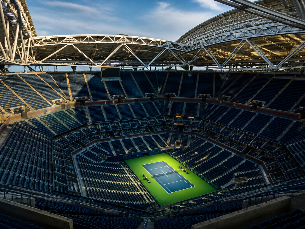 A sweeping wide-angle photograph of a colossal modern tennis stadium interior shot from the…