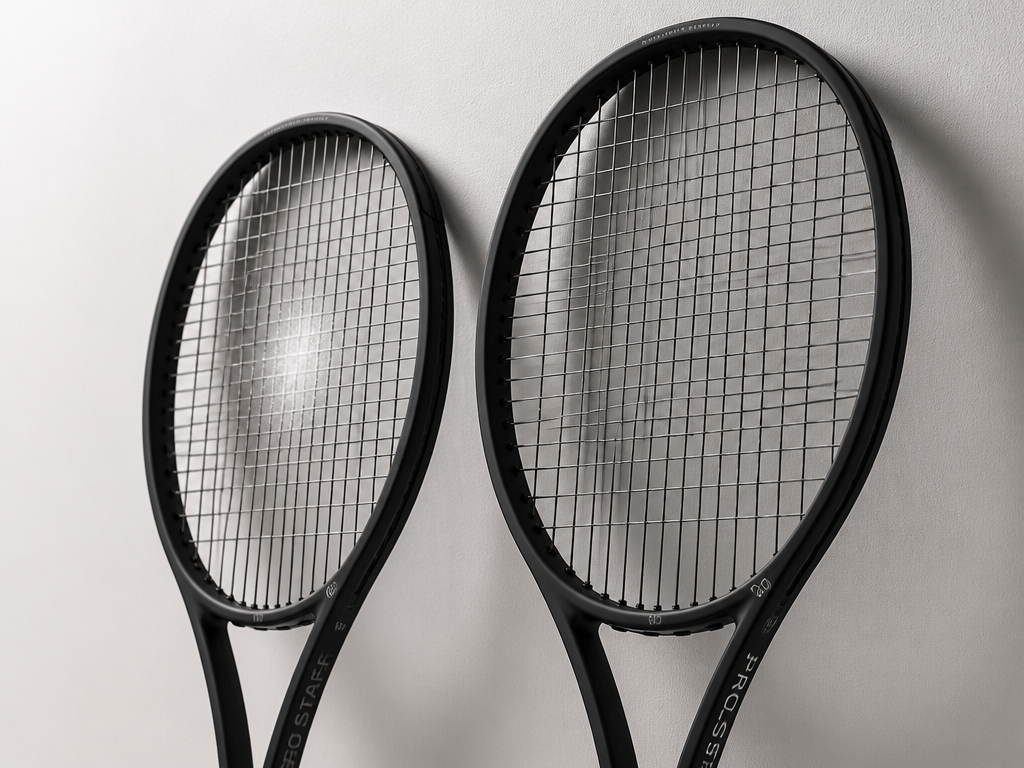 A close-up, photorealistic studio photograph of two tennis racquets leaning side by side against…