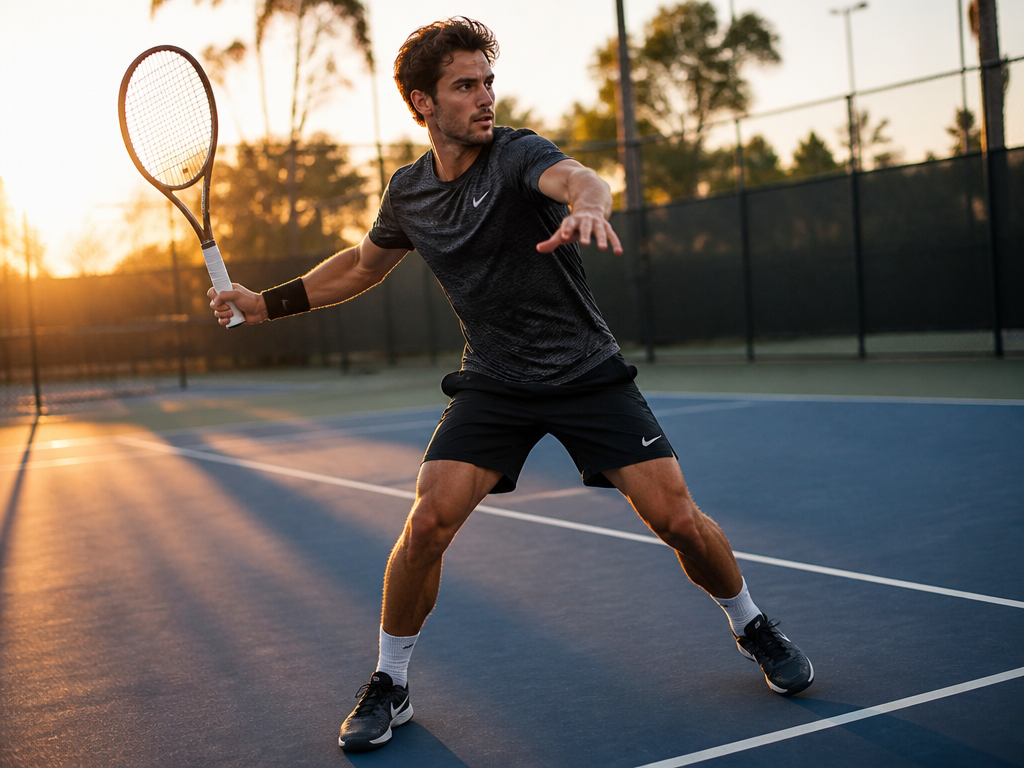 Atmospheric photograph of an intermediate tennis player mid-swing on an outdoor hard court at…