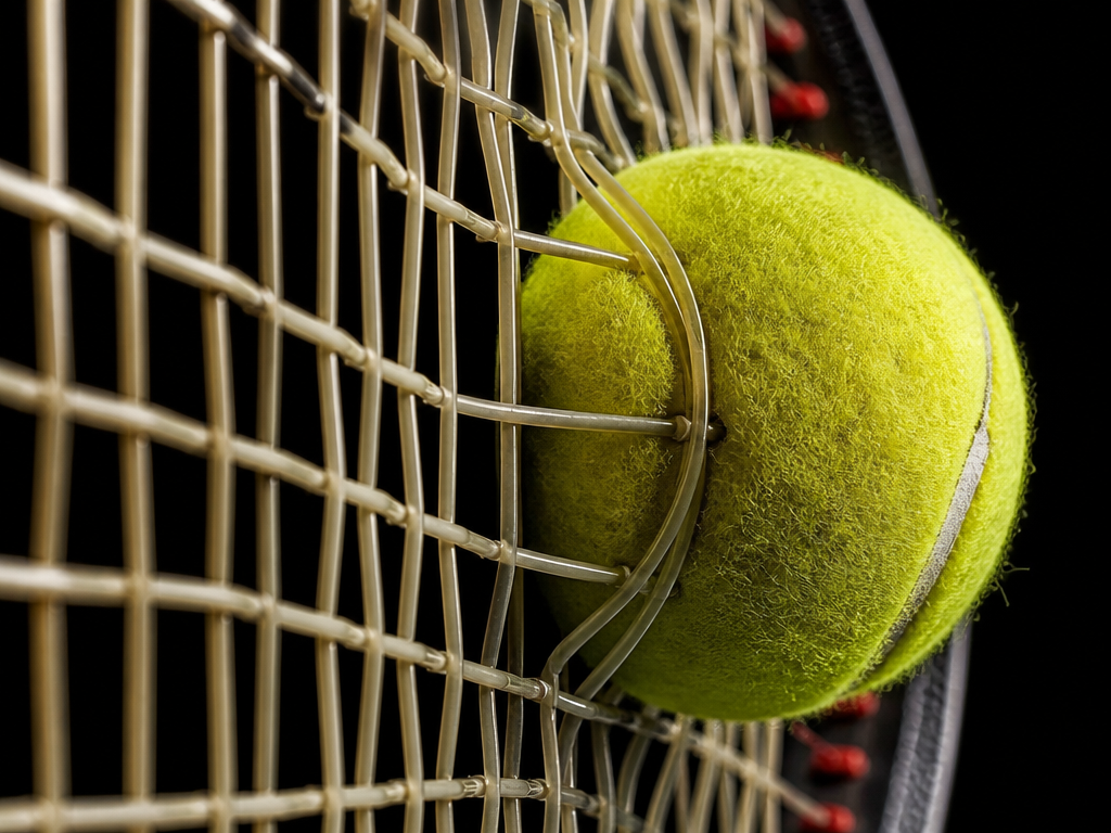 Extreme macro photograph of a tennis racquet's string bed at the exact moment of…