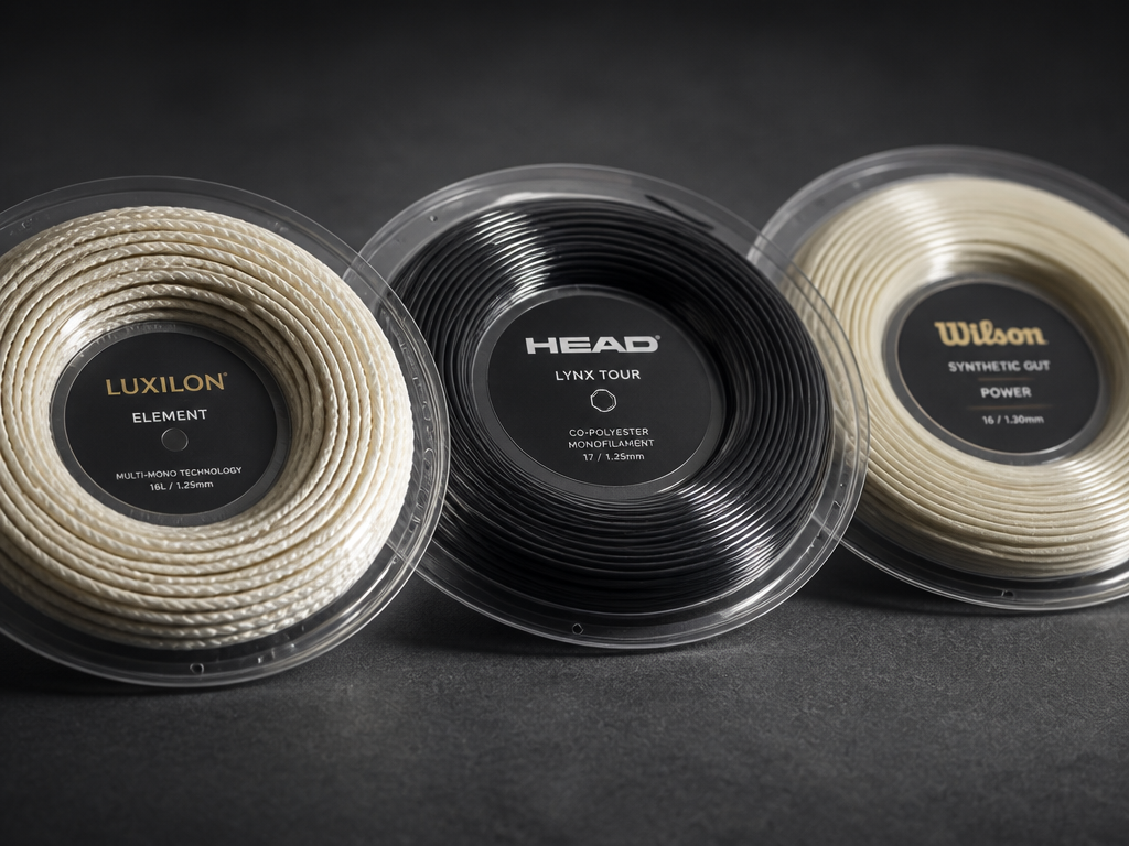 Studio still life of three distinct tennis string reels arranged side by side on…