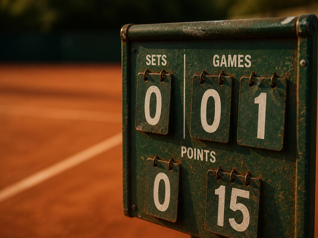 A close-up, eye-level photograph of a worn green clay tennis court scoreboard in soft…
