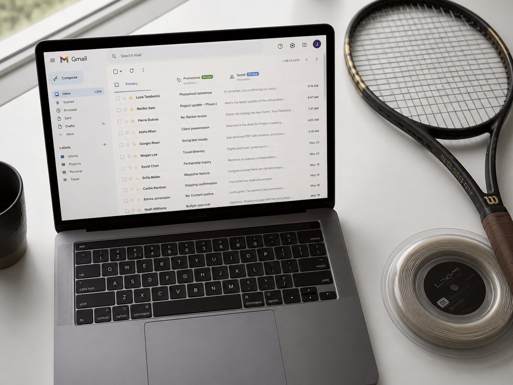 A close-up overhead flat-lay photograph of an open laptop on a clean white desk…
